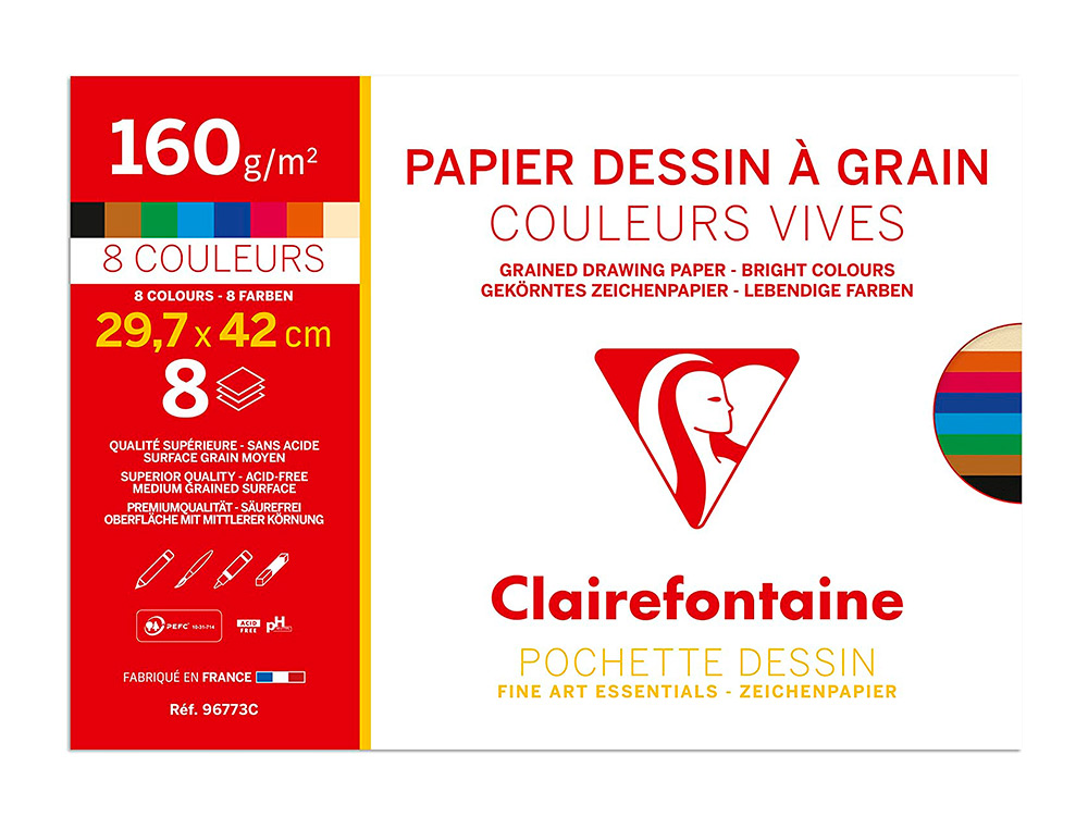 PAPIER DESSIN   GRAIN CLAIREFONTAINE A3 ASSORTIMENT VIF 160GR 8F