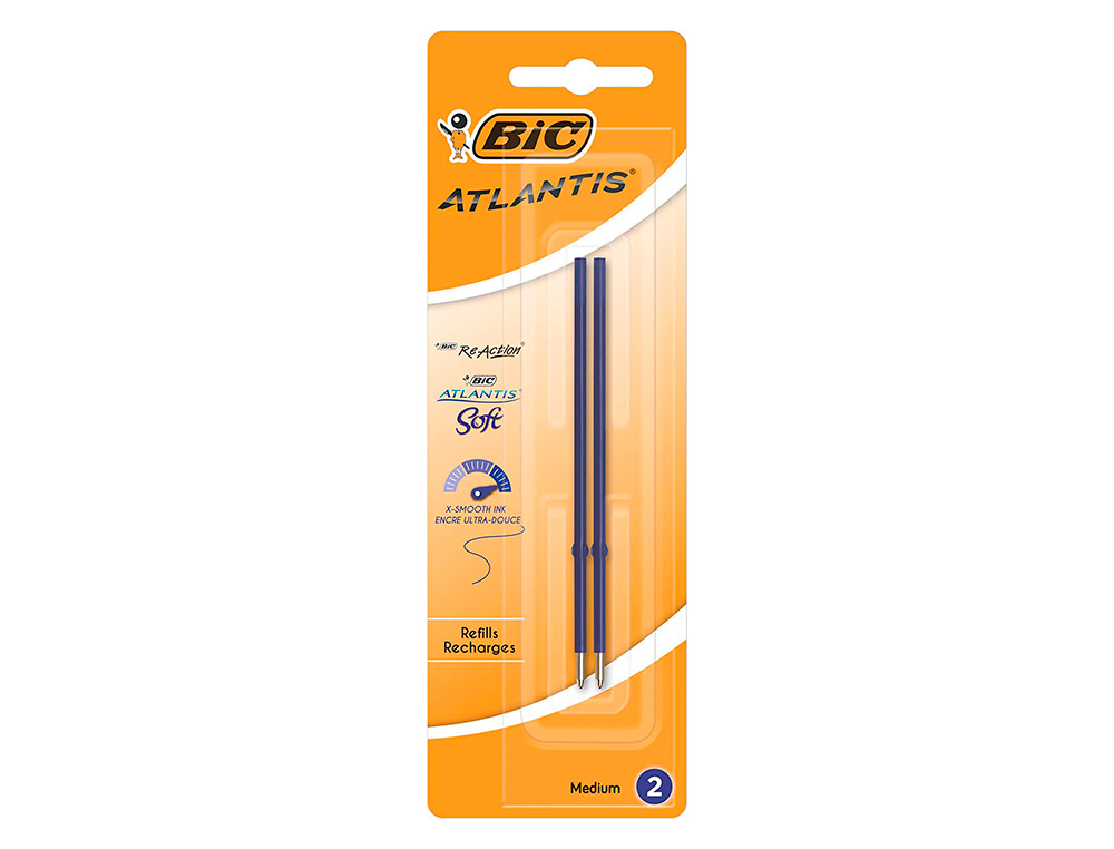 STYLO-BILLE BIC ATLANTIS SOFT POINTE MOYENNE 1,0MM BLISTER DE 2 RECHARGES BLEU