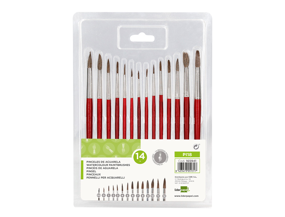 PINCEAU LIDERPAPEL BOIS VIROLE CHROMEE AQUARELLE      MODELES ASSORTIS BLISTER DE   14 UN