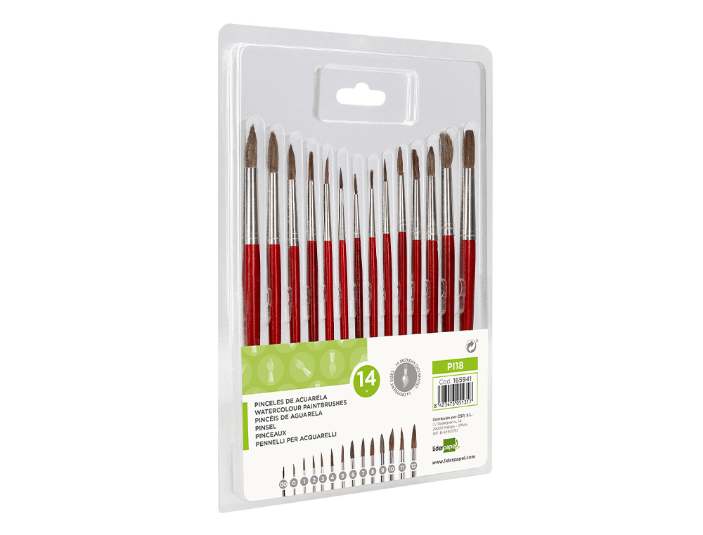 PINCEAU LIDERPAPEL BOIS VIROLE CHROMEE AQUARELLE      MODELES ASSORTIS BLISTER DE   14 UN