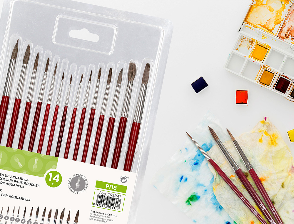 PINCEAU LIDERPAPEL BOIS VIROLE CHROMEE AQUARELLE      MODELES ASSORTIS BLISTER DE   14 UN