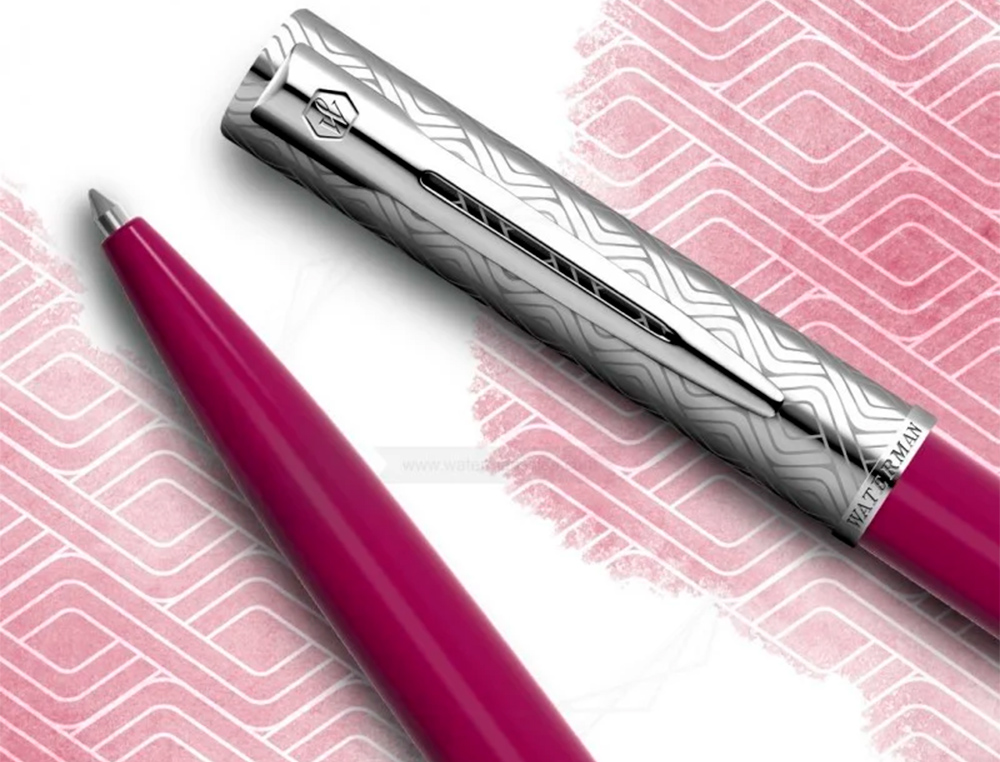 STYLO-BILLE WATERMAN ALLURE DELUXE POINTE MOYENNE BOUCHON CHROME  CORPS ROSE ENCRE BLEU COFFRET CADEAU