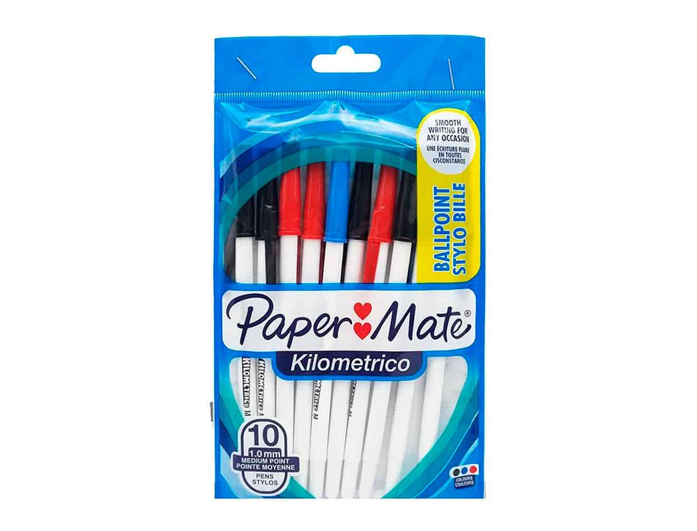 STYLO-BILLE KILOMETRICO PAPER MATE POINTE MOYENNE 1MM       ENCRES ASSORITES 4NOIR 4 BLEU 2 ROUGE SACHET DE 10