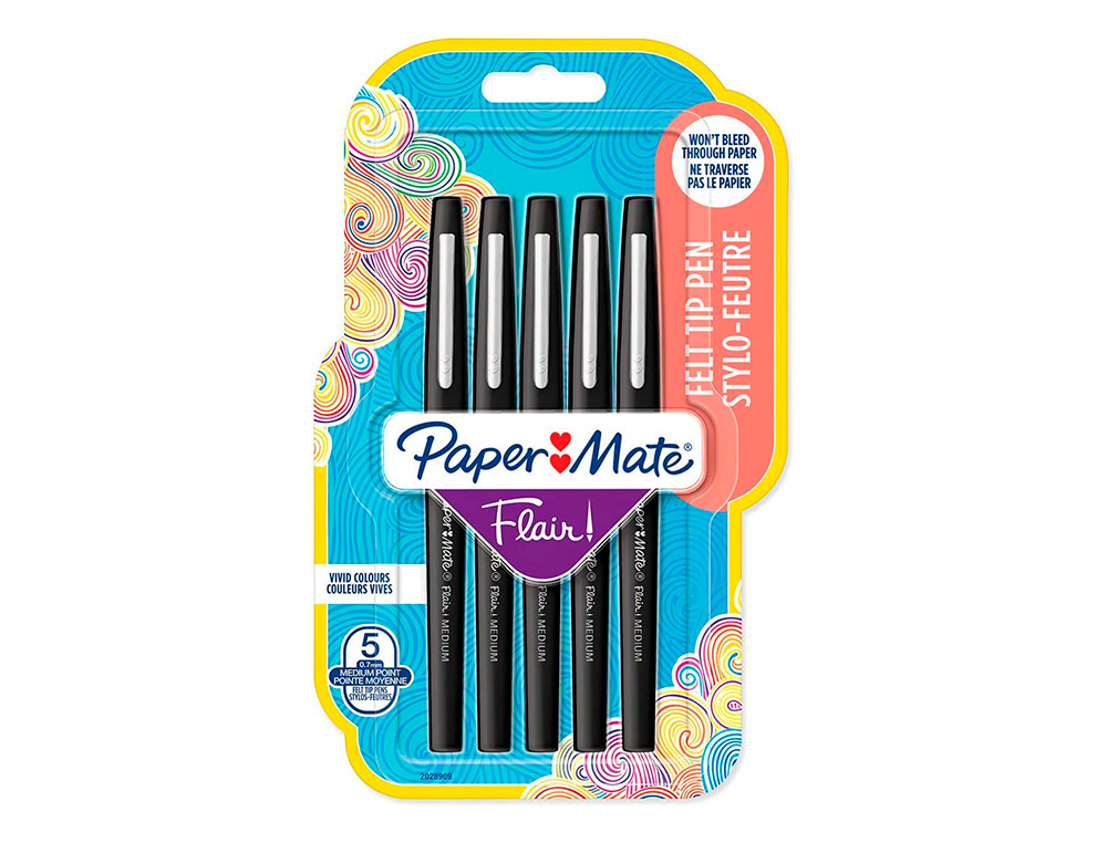 FEUTRE ECRITURE PAPER MATE FLAIR ORIGINAL POINTE MOYENNE 0,7MM ENCRES NOIR BLISTER 5 COULEURS