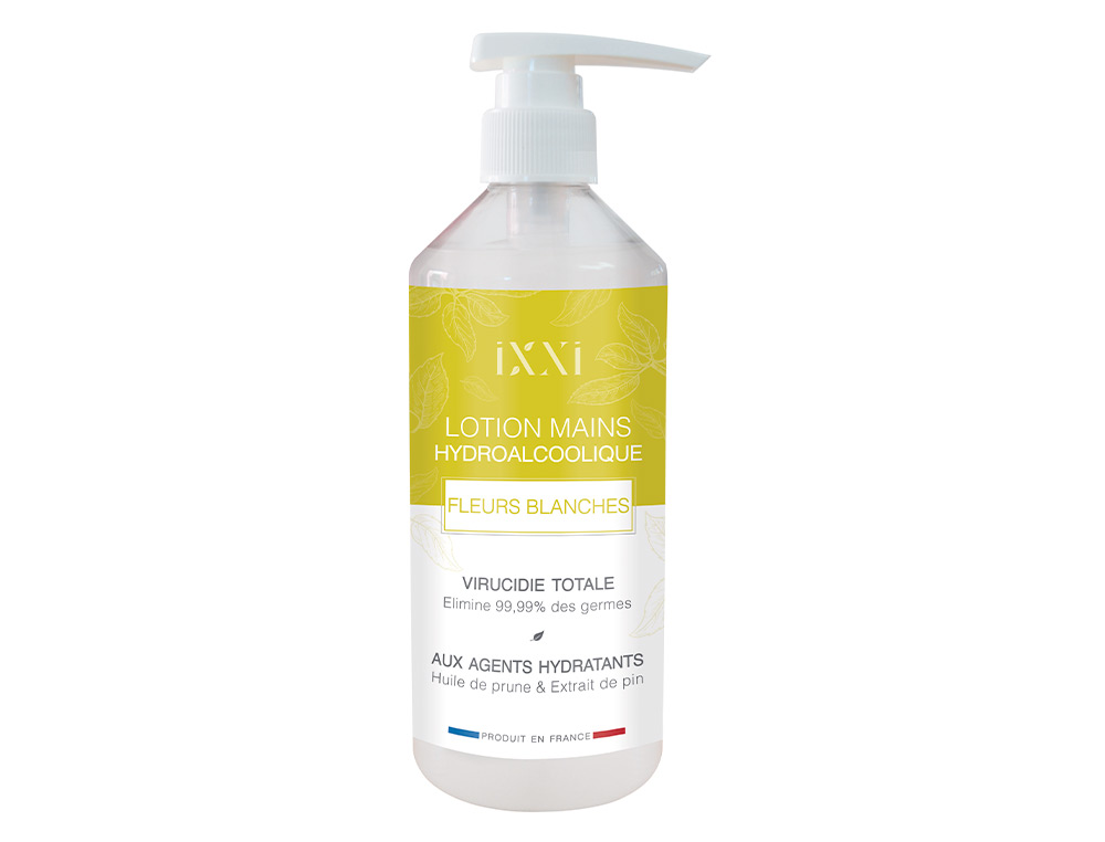 GEL HYDROALCOOLIQUE ACTION PIN NETTOYE MAINS HYDRATE     PEAU FLEURS BLANCHES FLACON   500ML