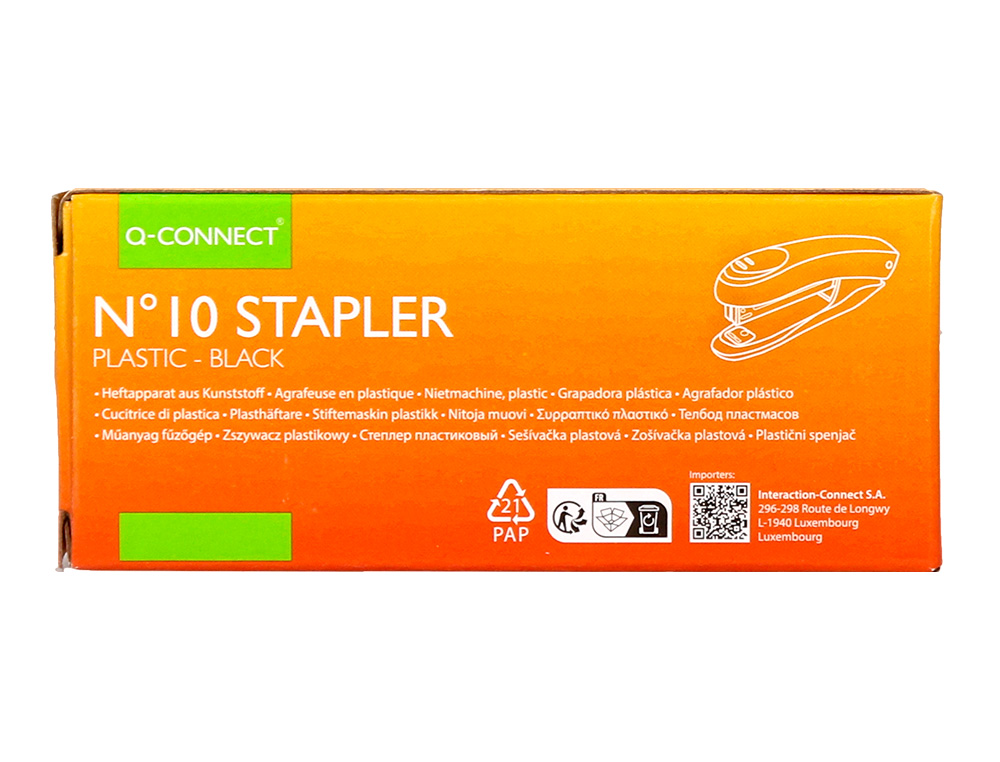 AGRAFEUSE BUREAU Q-CONNECT KF14212 PLASTIQUE CAPACITE 10 FEUILLES AGRAFES Nº10 COLORIS NOIR