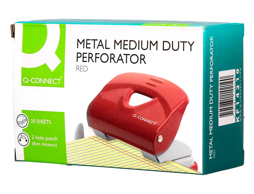 PERFORATEUR Q-CONNECT KF14219 2 TROUS OUVERTURE 2MM         CAPACITE 20 FEUILLES COLORIS  ROUGE