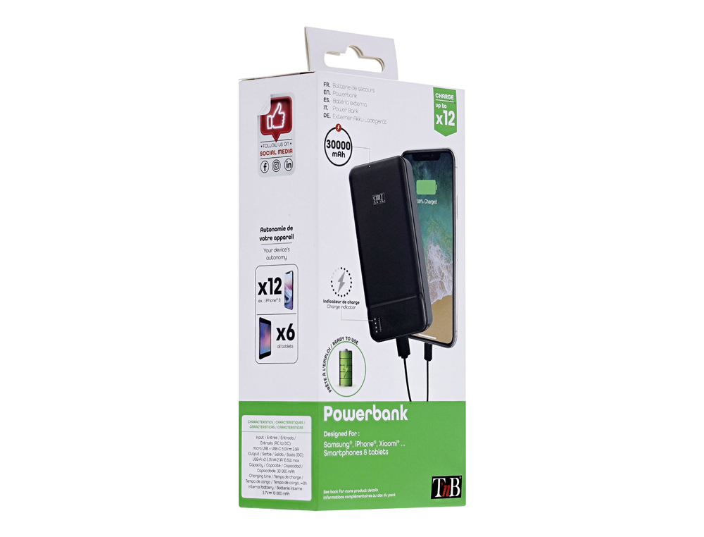 BATTERIE NOMADE T'NB 30000 MAH 2 USB + 1USB-C CHARGE     RAPIDE 10W COLORIS NOIR