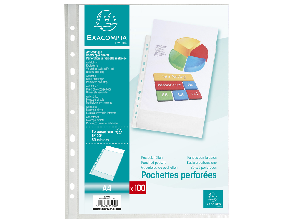 POCHETTE PERFOREE EXACOMPTA A4 PP GRAINE 5/100EME PAQUET 100 UNITES