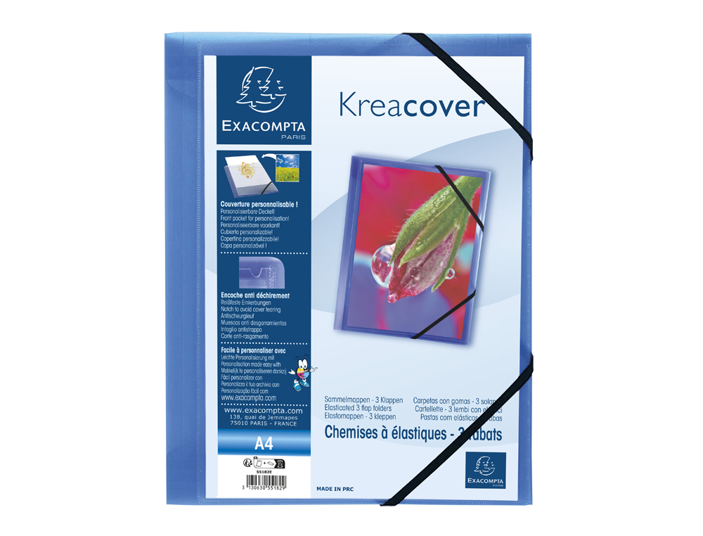 CHEMISE 3 RABATS EXACOMPTA KREA COVER A4 COUVERTURE      PERSONNALISABLE PP            TRANSPARENT COLORIS BLEU