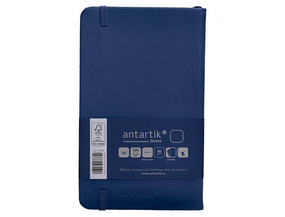 CARNET FERMETURE ELASTIQUE ANTARTIK NOTES COUVERTURE RIGIDE A6 PAPIER UNI IVOIRE 100 FEUILLES 80GR FSC BLEU MARINE