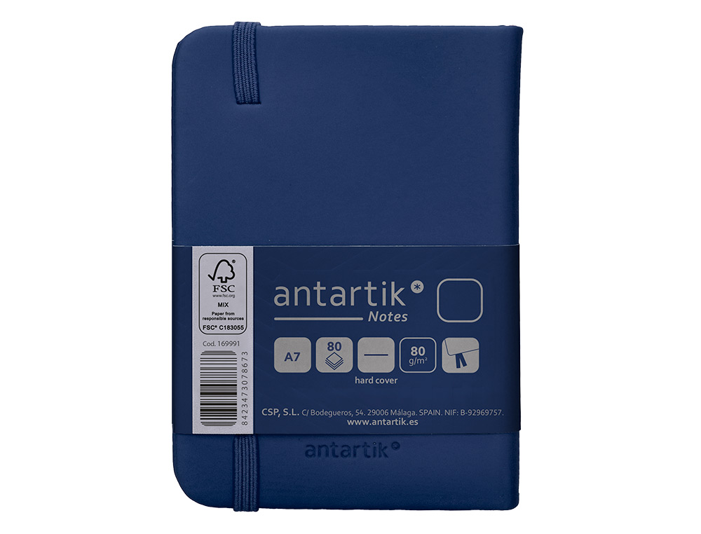 CARNET FERMETURE ELASTIQUE ANTARTIK NOTES COUVERTURE RIGIDE A7 PAPIER UNI IVOIRE 80FEUILLES 80GR FSC BLEU MARINE