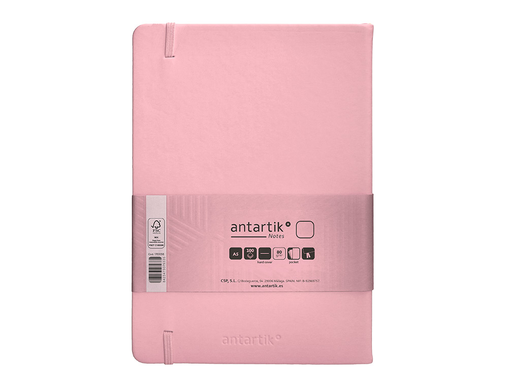 CARNET FERMETURE ELASTIQUE ANTARTIK NOTES COUVERTURE RIGIDE A5 PAPIER UNI IVOIRE 100 FEUILLES 80GR FSC ROSE PASTEL