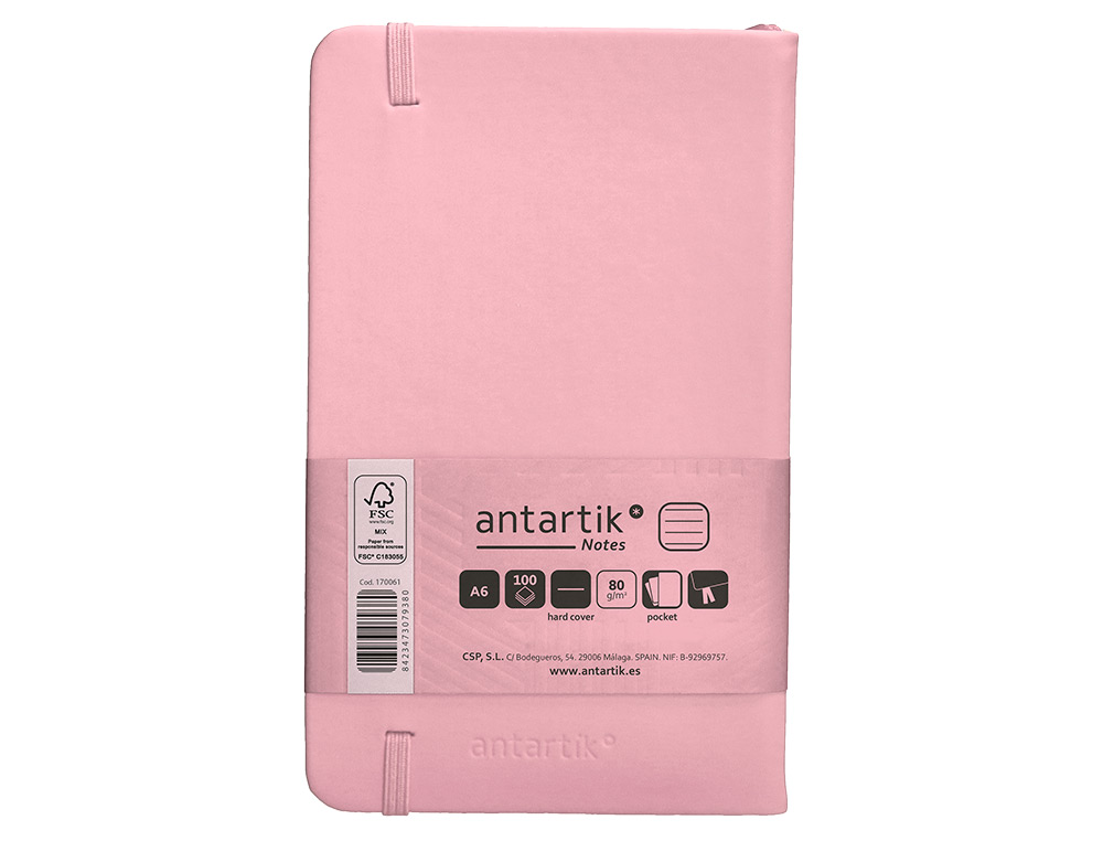 CARNET FERMETURE ELASTIQUE ANTARTIK NOTES COUVERTURE RIGIDE A6 LIGNE 100 FEUILLES 80GR FSC COLORIS ROSE PASTEL