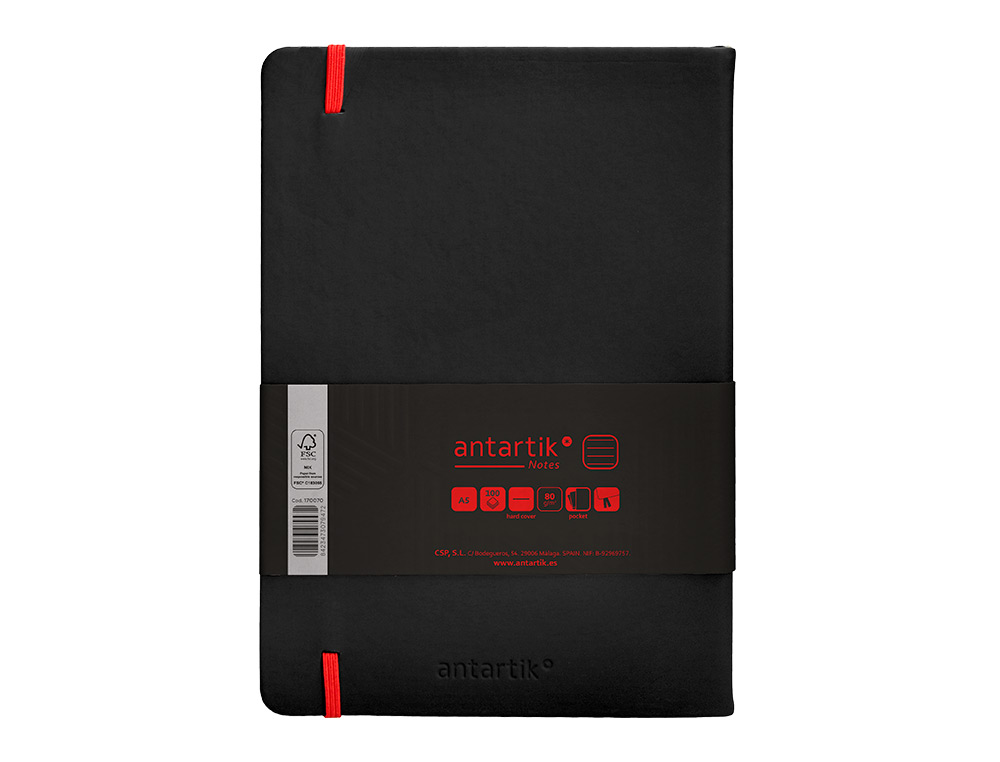 CARNET FERMETURE ELASTIQUE ROUGE ANTARTIK NOTES COUVERTURE RIGIDE A5 LIGNE 100FEUILLES 80GR FSC COLORIS NOIR