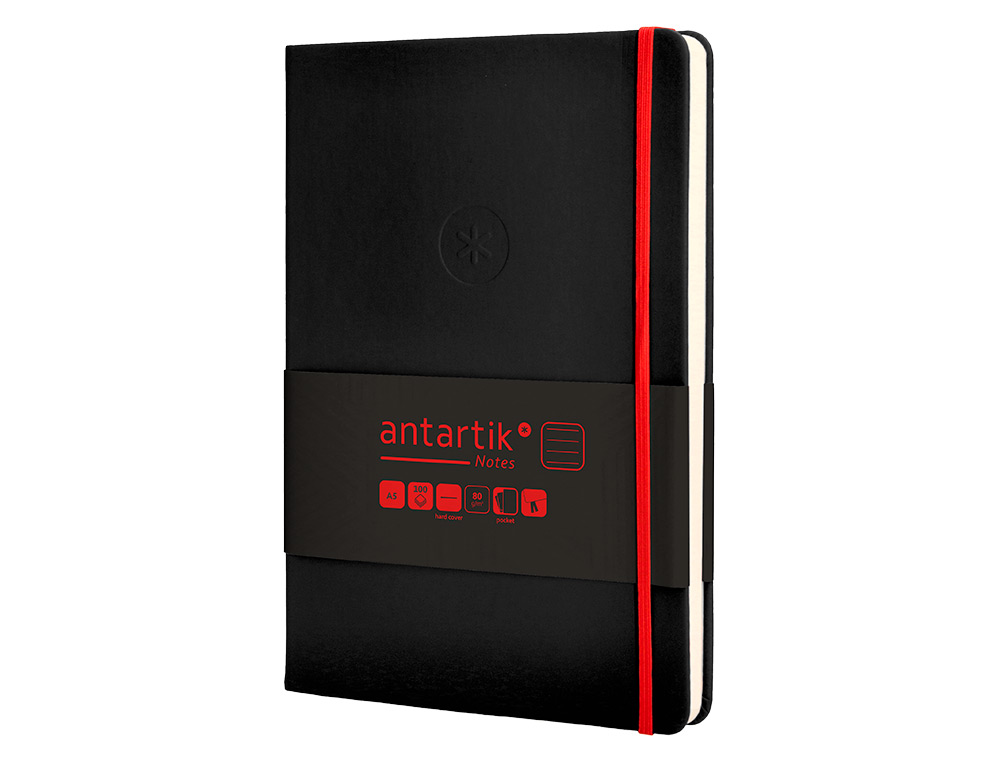 CARNET FERMETURE ELASTIQUE ROUGE ANTARTIK NOTES COUVERTURE RIGIDE A5 LIGNE 100FEUILLES 80GR FSC COLORIS NOIR