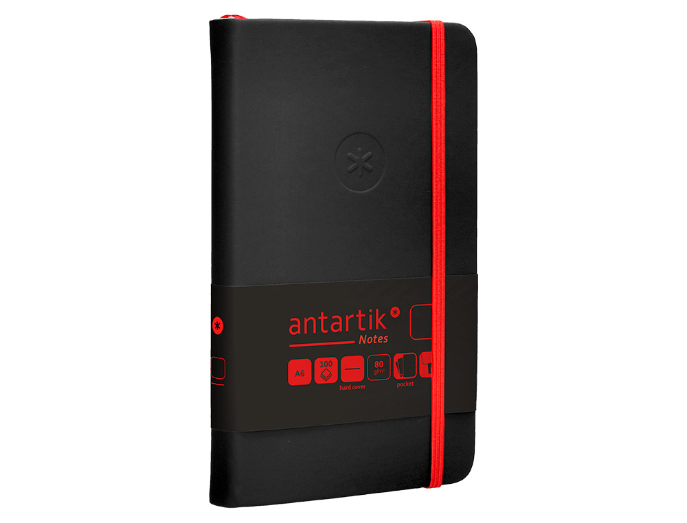 CARNET A6 ANTARTIK NOTES PAPIER UNI IVOIRE COUVERTURE RIGIDE FERMETURE ELASTIQUE ROUGE 100 PAGES 80GR COLORIS NOIR