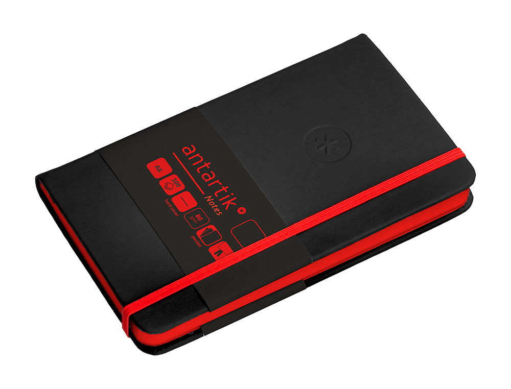 CARNET A6 ANTARTIK NOTES PAPIER UNI IVOIRE COUVERTURE RIGIDE FERMETURE ELASTIQUE ROUGE 100 PAGES 80GR COLORIS NOIR