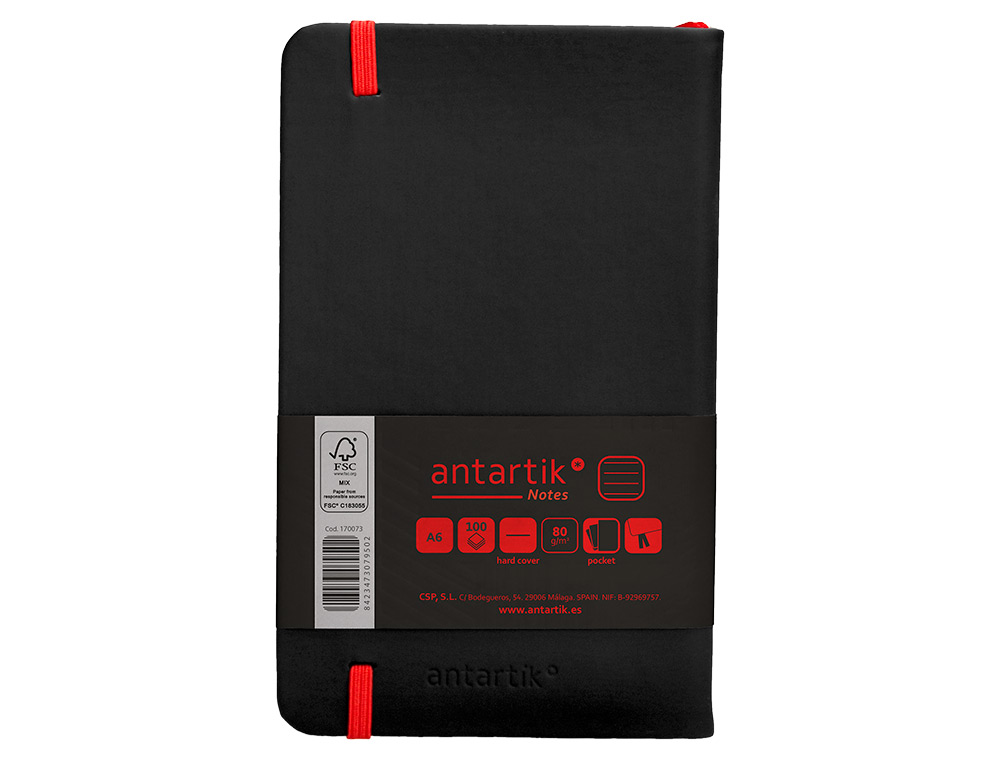 CARNET FERMETURE ELASTIQUE ROUGE ANTARTIK NOTES          COUVERTURE RIGIDE A6 LIGNE 100FEUILLES 80GR FSC COLORIS NOIR