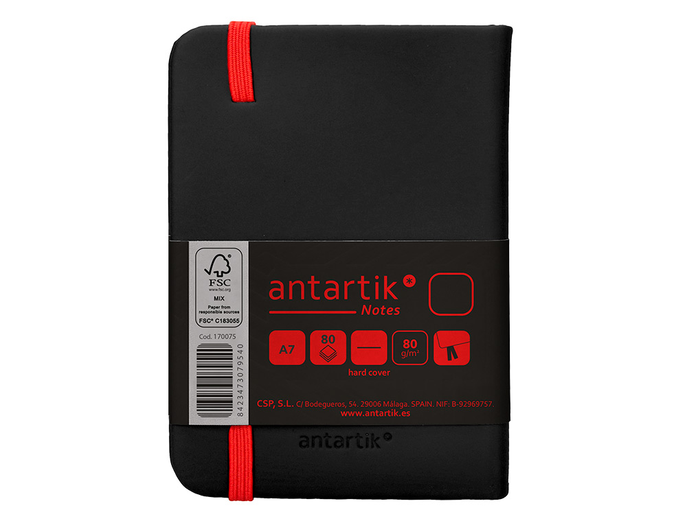 CARNET FERMETURE ELASTIQUE ROUGE ANTARTIK NOTES COUVERTURE RIGIDE A7 PAPIER UNI IVOIRE 80 FEUILLES 80GR FSC NOIR