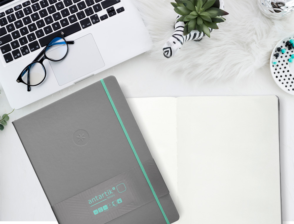 CARNET FERMETURE ELASTIQUE TURQUOISE ANTARTIK NOTES COUVERTURE RIGIDE A4 PAPIER UNI IVOIRE 100 FEUILLES 80GR FSC GRIS