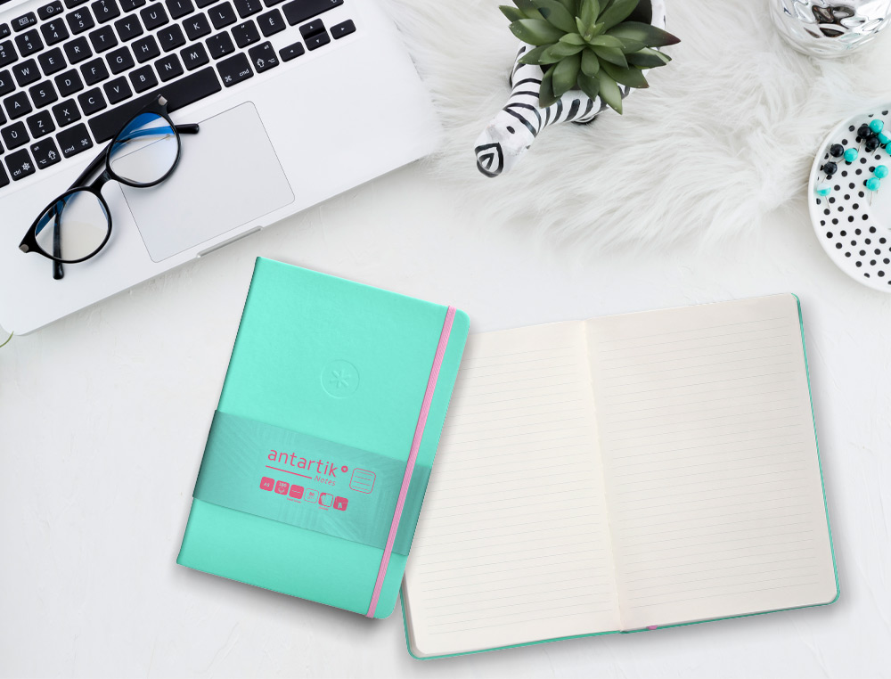 CARNET FERMETURE ELASTIQUE ROSE ANTARTIK NOTES COUVERTURERIGIDE A5 LIGNE 100 FEUILLES 80GR FSC COLORIS TURQUOISE