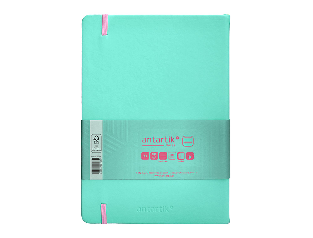 CARNET FERMETURE ELASTIQUE ROSE ANTARTIK NOTES COUVERTURERIGIDE A5 LIGNE 100 FEUILLES 80GR FSC COLORIS TURQUOISE