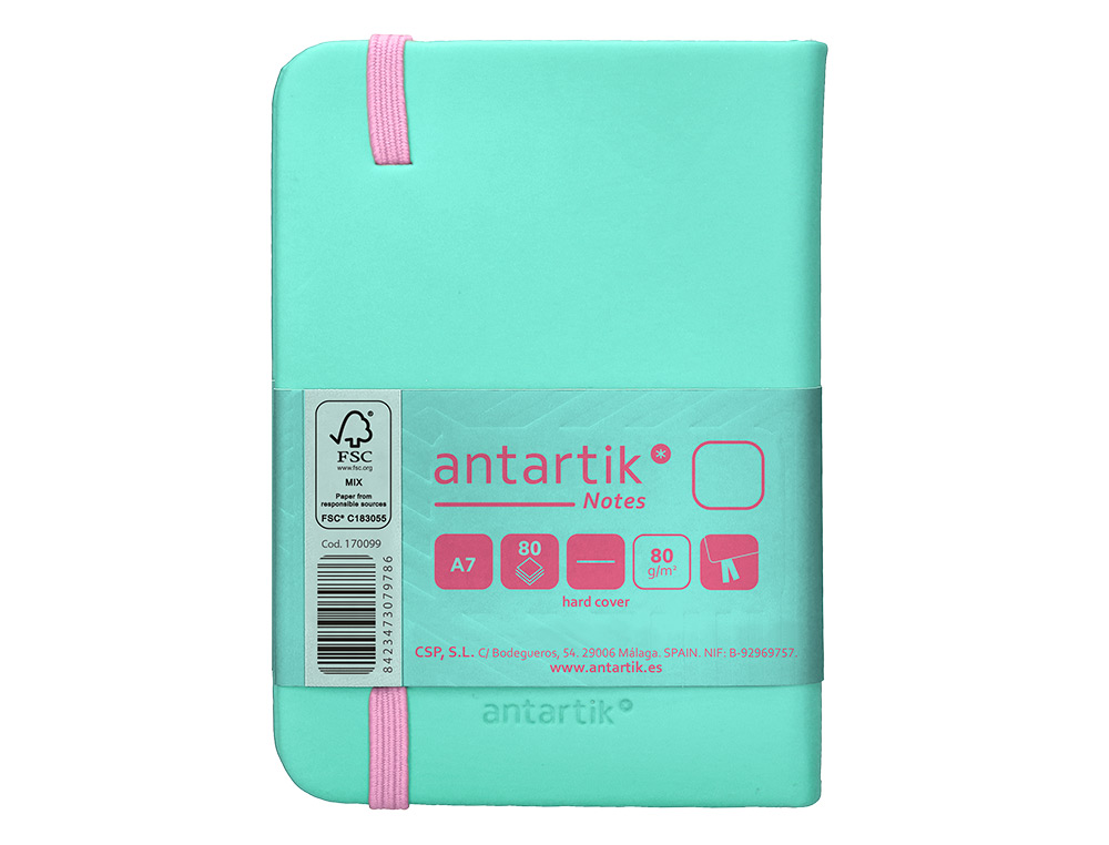 CARNET FERMETURE ELASTIQUE ROSE ANTARTIK NOTES COUVERTURE RIGIDE A7 PAPIER UNI IVOIRE 80 FEUILLES 80GR FSC TURQUOISE