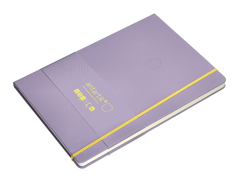 CARNET FERMETURE ELASTIQUE JAUNE ANTARTIK NOTES COUVERTURE RIGIDE A4 PAPIER UNI IVOIRE 100 FEUILLES 80GR FSC LILAS