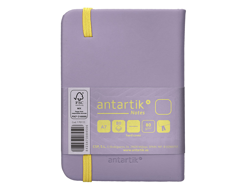 CARNET FERMETURE ELASTIQUE JAUNE ANTARTIK NOTES COUVERTURE RIGIDE A7 PAPIER UNI IVOIRE 80 FEUILLES 80GR FSC LILAS