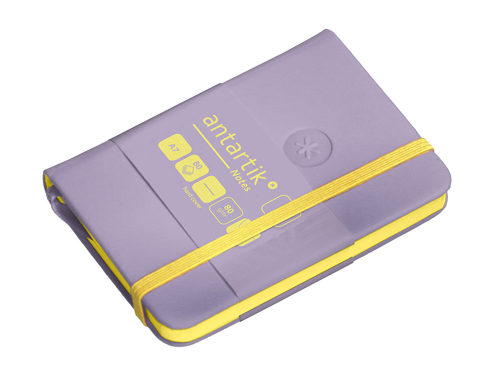CARNET FERMETURE ELASTIQUE JAUNE ANTARTIK NOTES COUVERTURE RIGIDE A7 PAPIER UNI IVOIRE 80 FEUILLES 80GR FSC LILAS