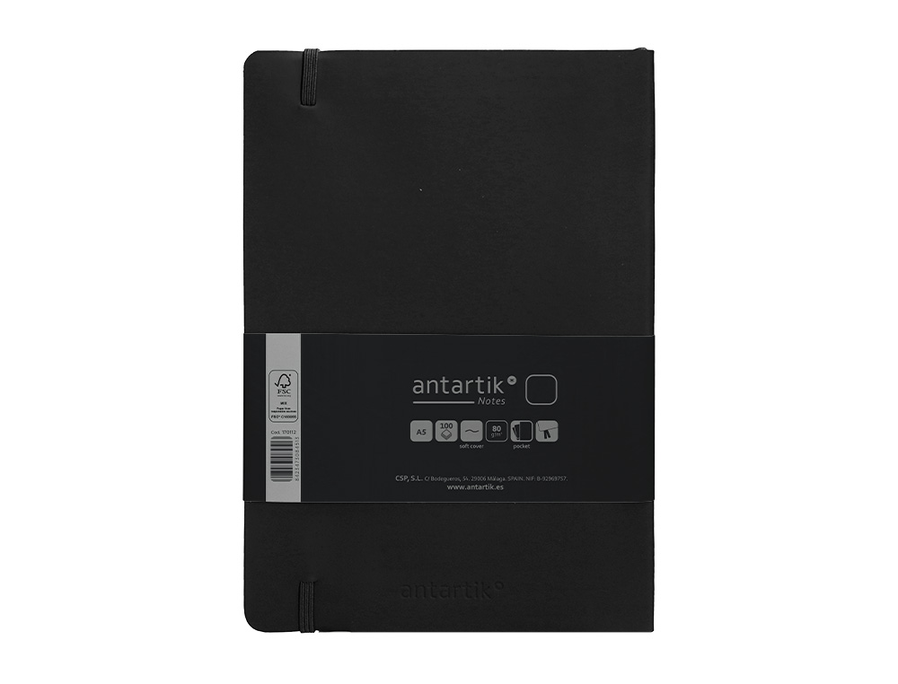CARNET A5 ANTARTIK NOTES PAPIER UNI IVOIRE COUVERTURE SOUPLE FERMETURE ELASTIQUE 100PAGES 80GR COLORIS NOIR