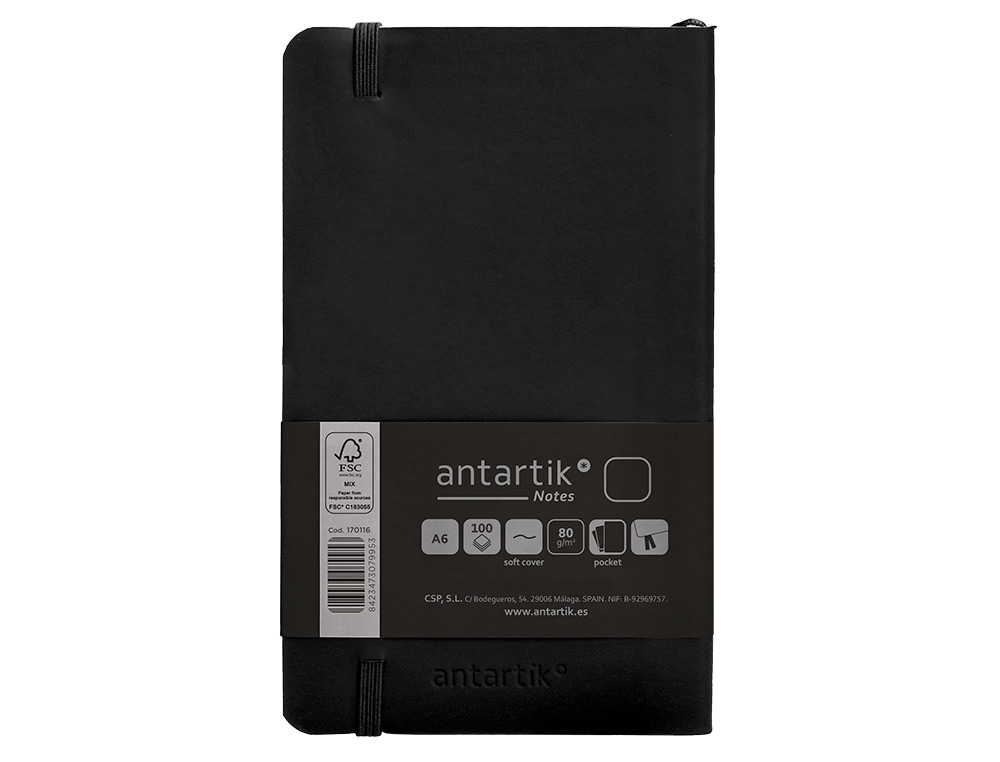 CARNET FERMETURE ELASTIQUE ANTARTIK NOTES COUVERTURE SOUPLE A6 PAPIER UNI IVOIRE 100 FEUILLES 80GR FSC COLORIS NOIR