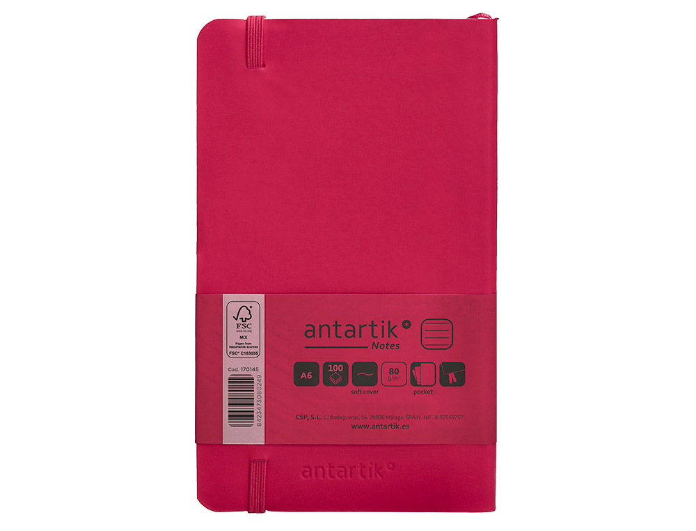 CARNET FERMETURE ELASTIQUE ANTARTIK NOTES COUVERTURE SOUPLE A6 LIGNE 100 FEUILLES 80GR FSC COLORIS FRAMBOISE