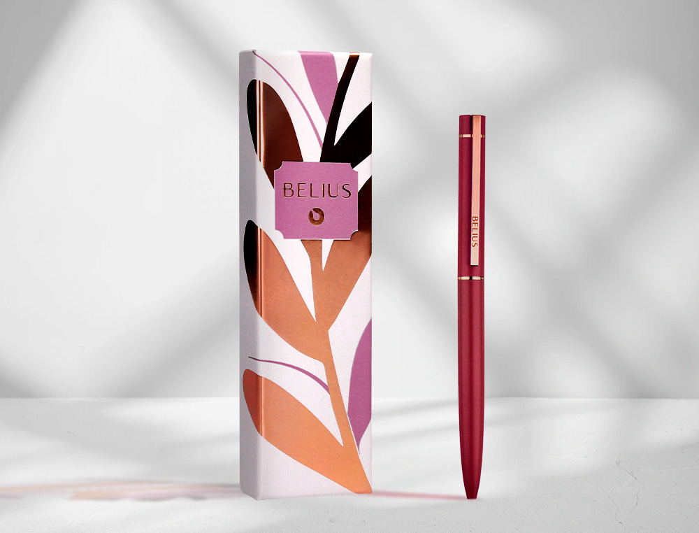 STYLO-BILLE BELIUS ROSE CORPS ALUMINIUM ENCRE BLEUE COLORIS BORDEAUX OR ROSE BOITE DESIGN