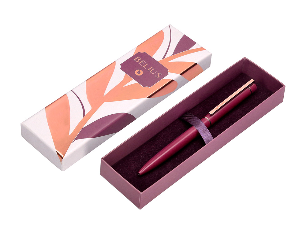 STYLO-BILLE BELIUS ROSE CORPS ALUMINIUM ENCRE BLEUE COLORIS BORDEAUX OR ROSE BOITE DESIGN