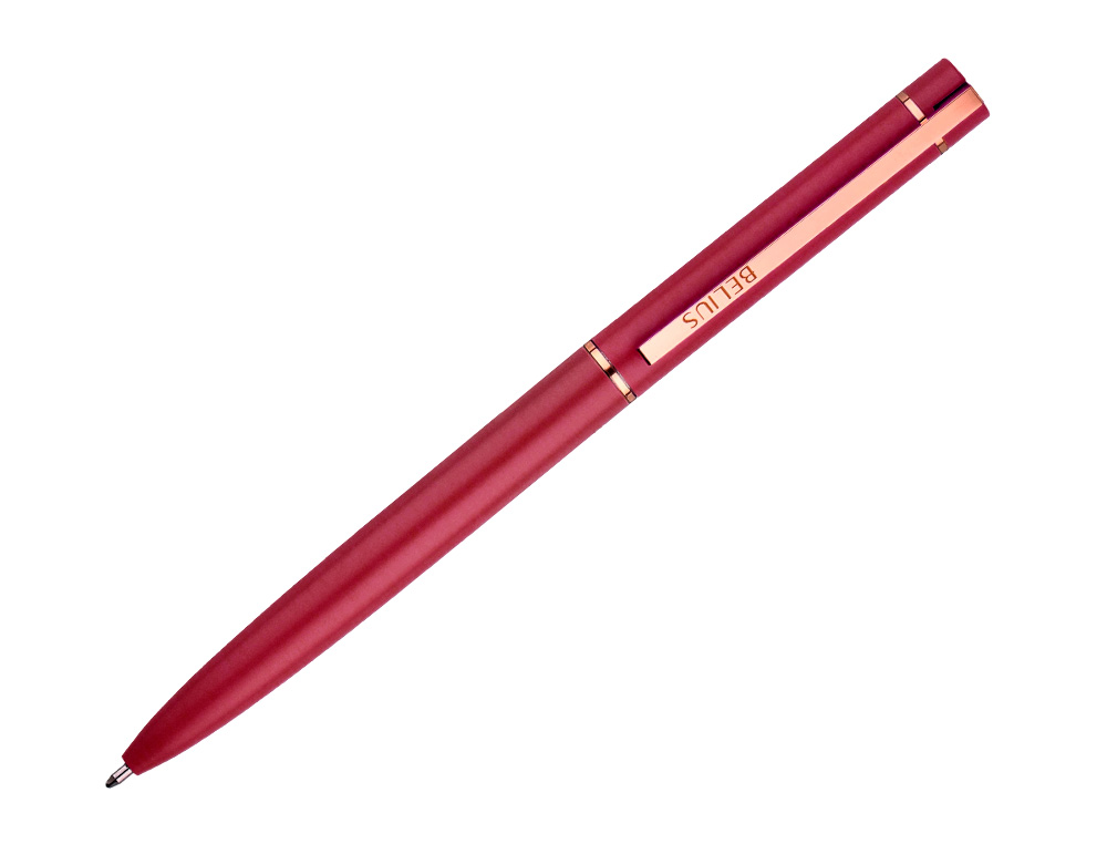 STYLO-BILLE BELIUS ROSE CORPS ALUMINIUM ENCRE BLEUE COLORIS BORDEAUX OR ROSE BOITE DESIGN