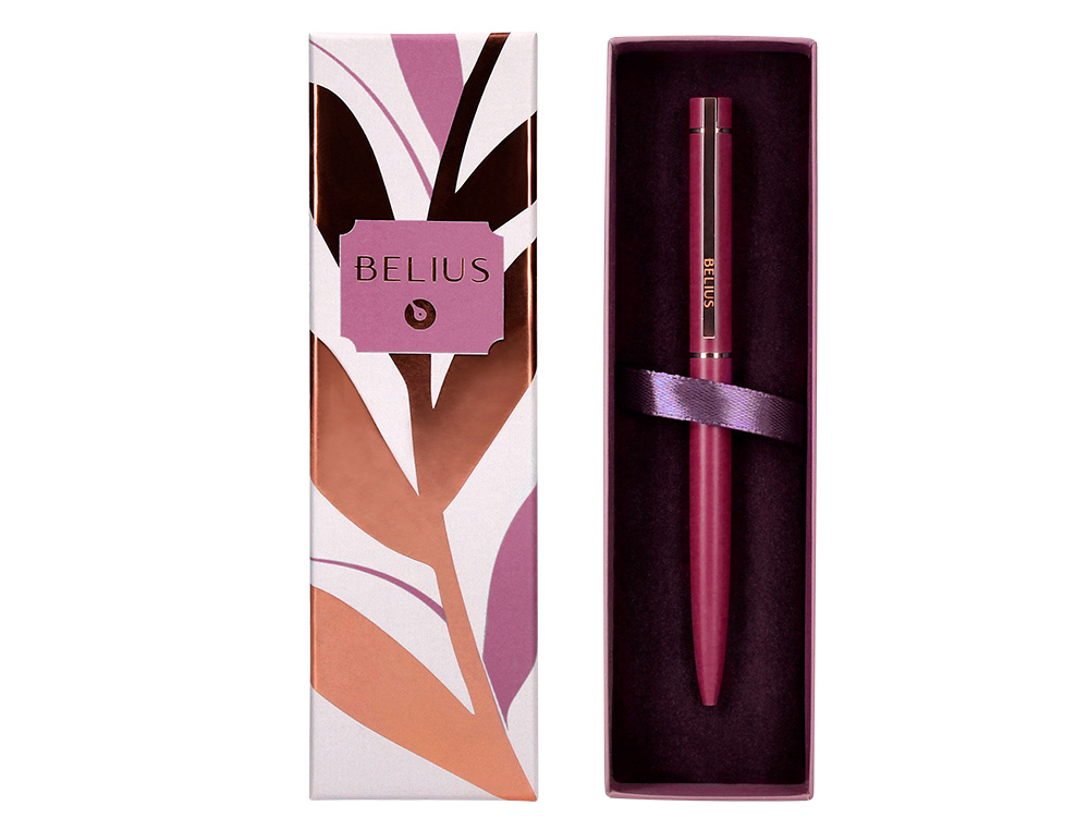 STYLO-BILLE BELIUS ROSE CORPS ALUMINIUM ENCRE BLEUE COLORIS BORDEAUX OR ROSE BOITE DESIGN