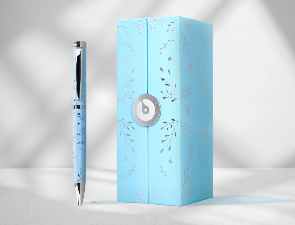 STYLO-BILLE BELIUS COLLECTION1 ALUMINIUM ENCRE   BLEUE COLORIS BLEU CIEL       DESIGN RELIEF ARGENTE BOITE