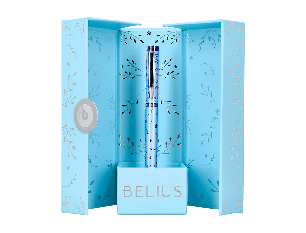 STYLO-BILLE BELIUS COLLECTION1 ALUMINIUM ENCRE   BLEUE COLORIS BLEU CIEL       DESIGN RELIEF ARGENTE BOITE