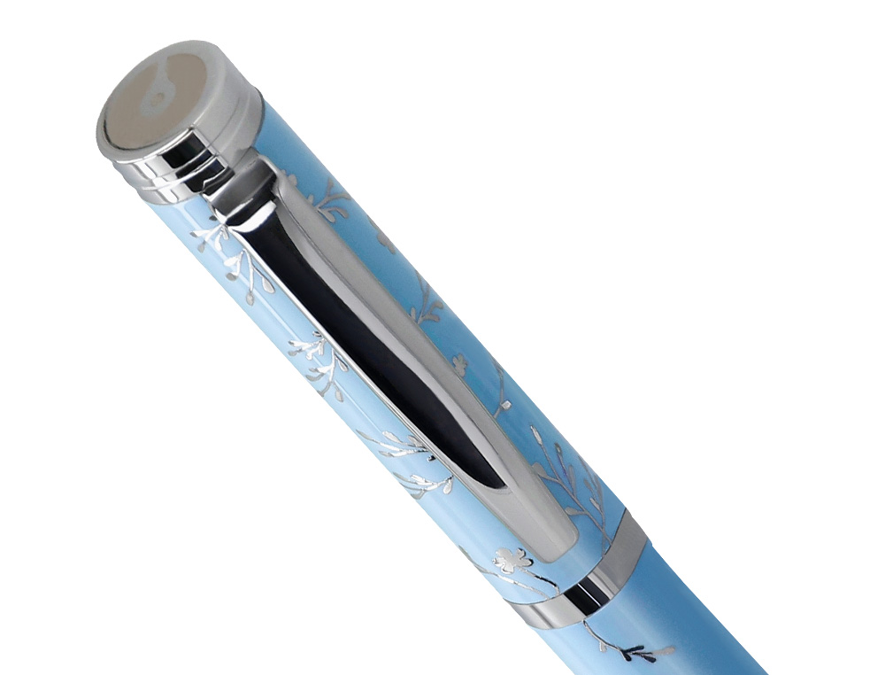 STYLO-BILLE BELIUS COLLECTION1 ALUMINIUM ENCRE   BLEUE COLORIS BLEU CIEL       DESIGN RELIEF ARGENTE BOITE