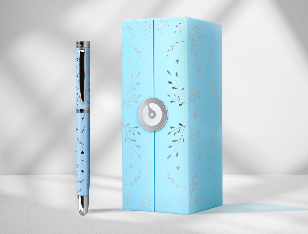 STYLO-PLUME BELIUS COLLECTION1 ALUMINIUM ENCRE   BLEUE COLORIS BLEU CIEL       DESIGN RELIEF ARGENTE BOITE