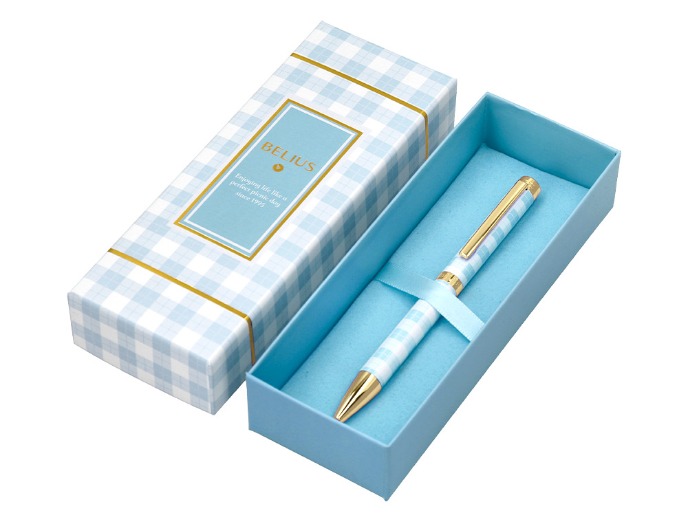 STYLO-BILLE BELIUS PICNIC ALUMINIUM ENCRE BLEUE COLORIS BLEU CIEL DORE BOITE DESIGN