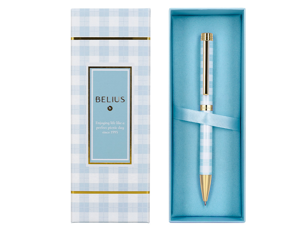 STYLO-BILLE BELIUS PICNIC ALUMINIUM ENCRE BLEUE COLORIS BLEU CIEL DORE BOITE DESIGN