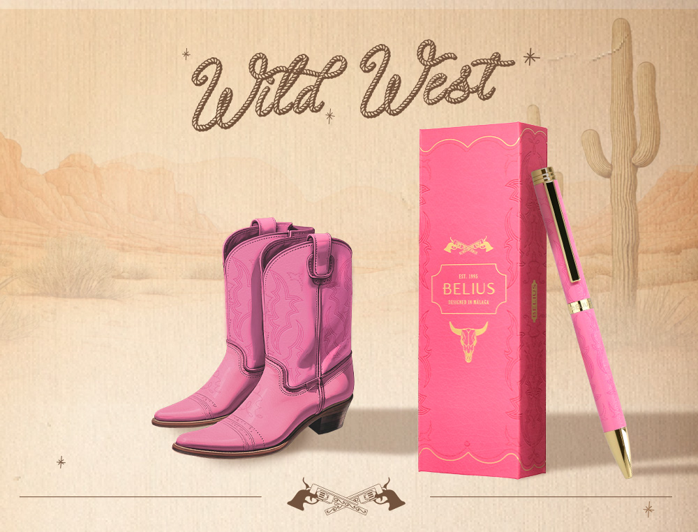 STYLO-BILLE BELIUS WILD WEST ALUMINIUM ENCRE BLEUE COLORIS ROSE DORE BOITE DESIGN