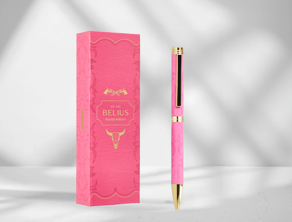 STYLO-BILLE BELIUS WILD WEST ALUMINIUM ENCRE BLEUE COLORIS ROSE DORE BOITE DESIGN