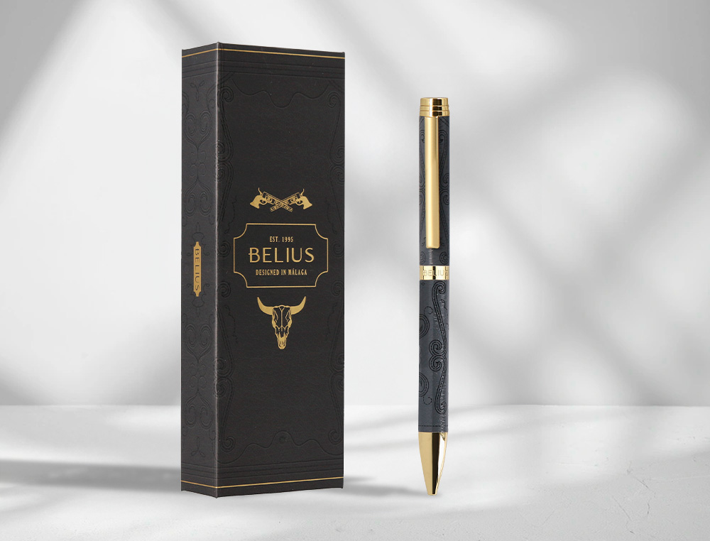 STYLO-BILLE BELIUS WILD WEST ALUMINIUM ENCRE BLEUE COLORIS NOIR DORE BOITE DESIGN