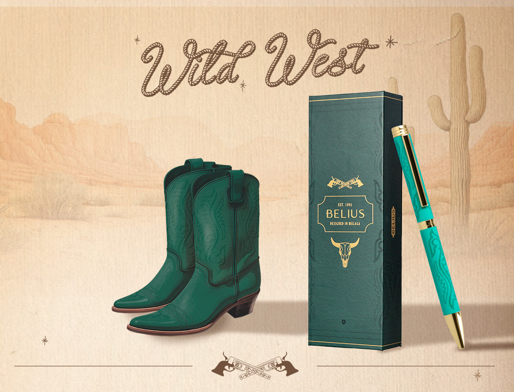 STYLO-BILLE BELIUS WILD WEST ALUMINIUM ENCRE BLEUE COLORIS VERT   DORE BOITE DESIGN