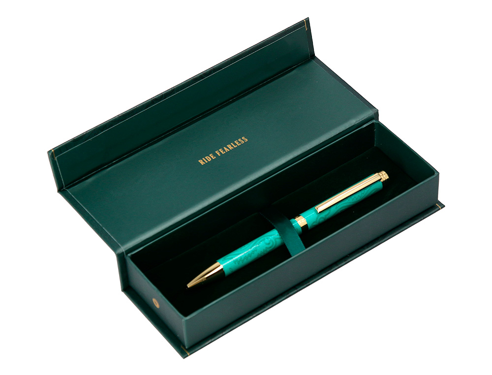 STYLO-BILLE BELIUS WILD WEST ALUMINIUM ENCRE BLEUE COLORIS VERT   DORE BOITE DESIGN