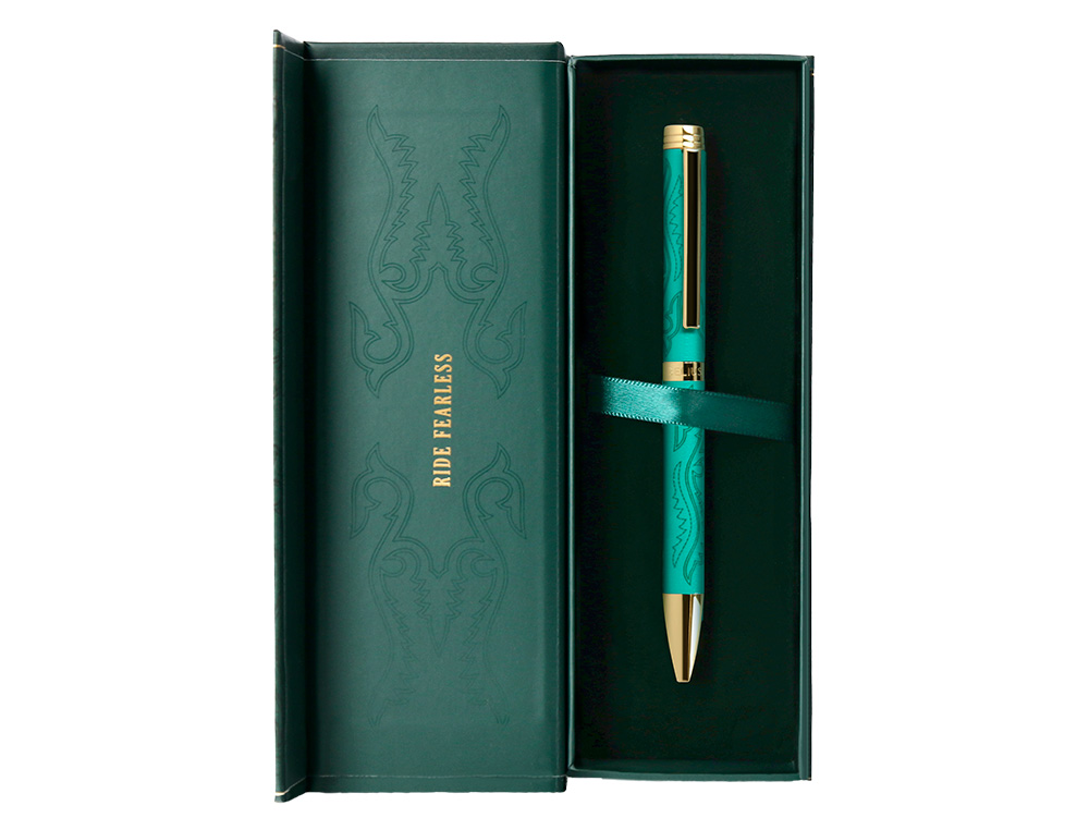 STYLO-BILLE BELIUS WILD WEST ALUMINIUM ENCRE BLEUE COLORIS VERT   DORE BOITE DESIGN
